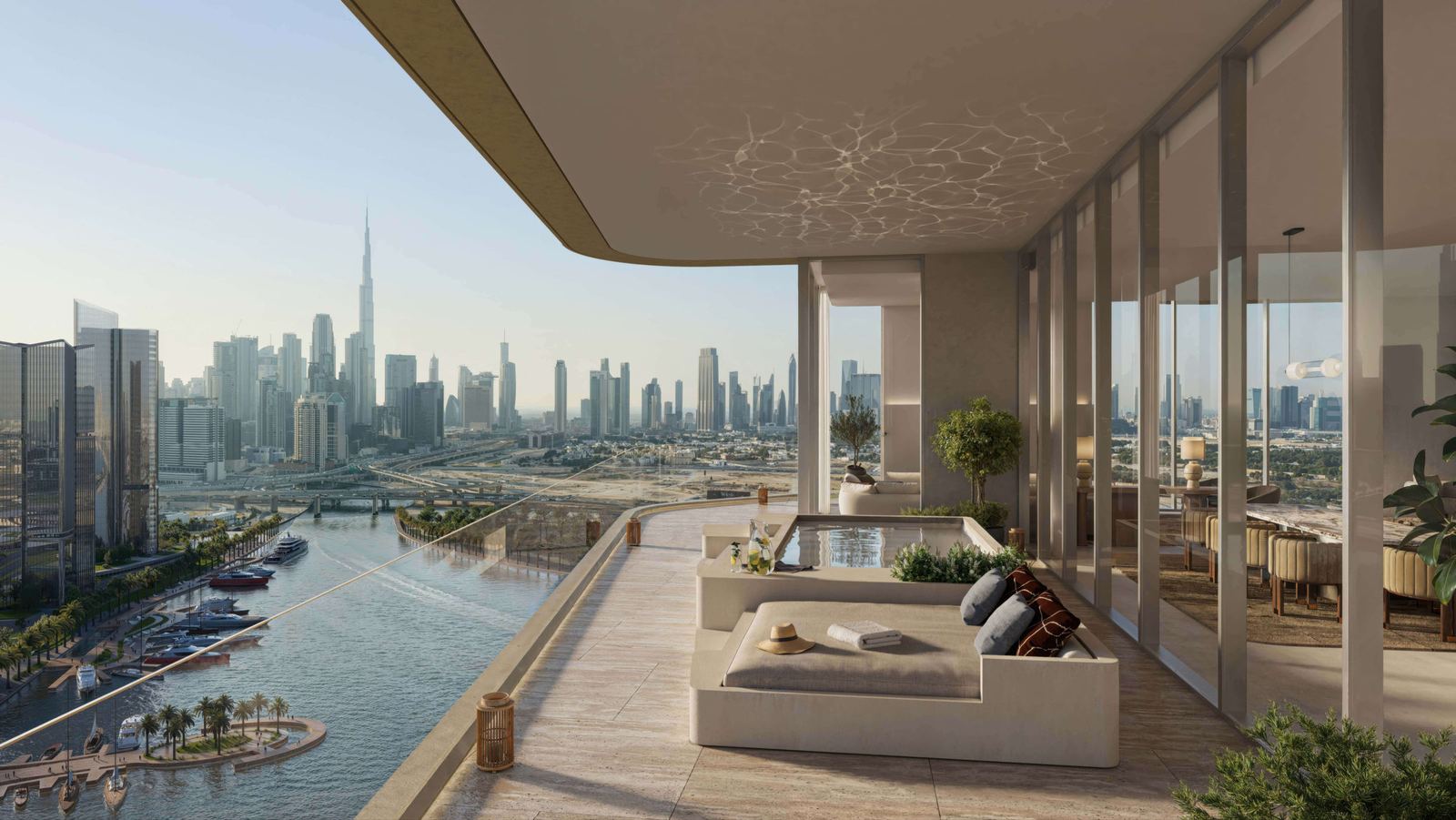 Penthouse terrace with plunge pool over the Dubai Canal