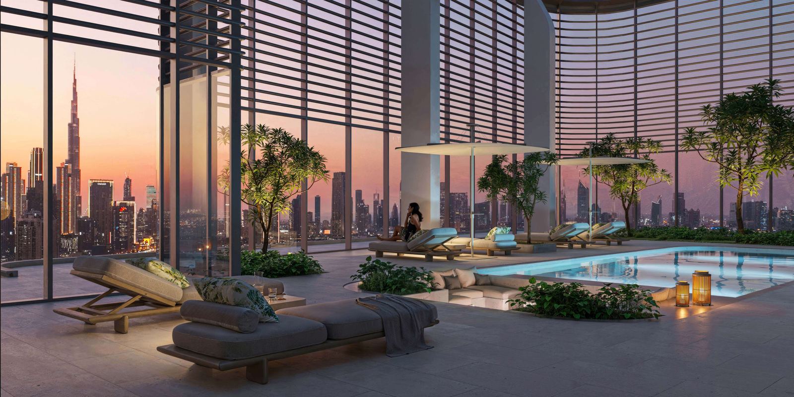 Rooftop pool deck at dusk