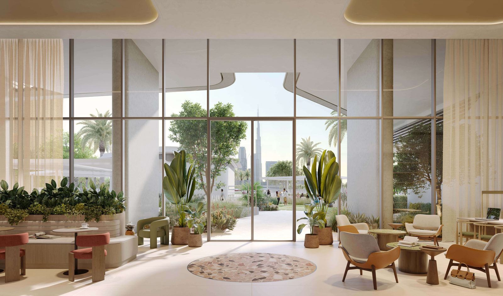 Garden lounge framing the Burj Khalifa