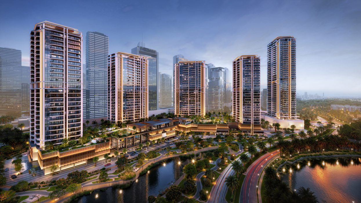 Eltiera Views towers over the Jumeirah Islands lakes at dusk