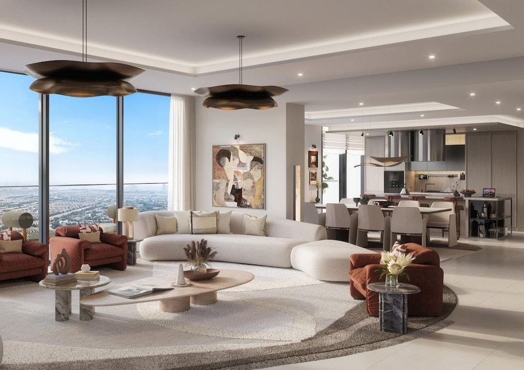 Residence living and dining space with lake-and-skyline view