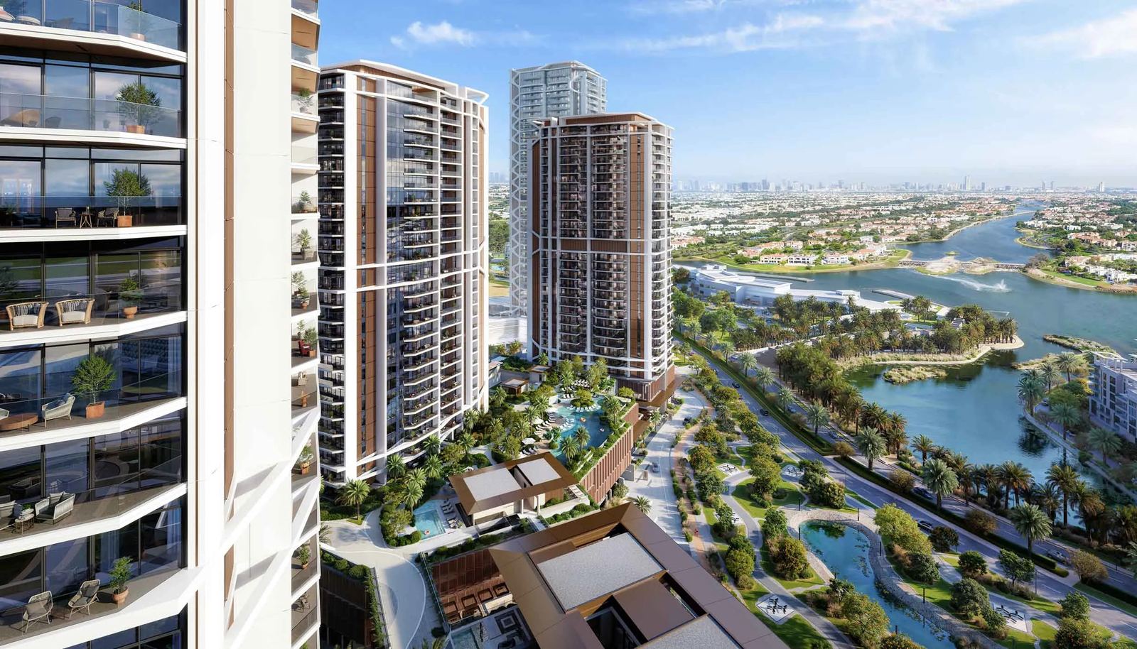 Aerial view across the amenity podium to the Jumeirah Islands lakes