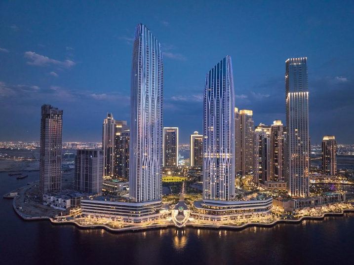 Emaar towers illuminated at dusk