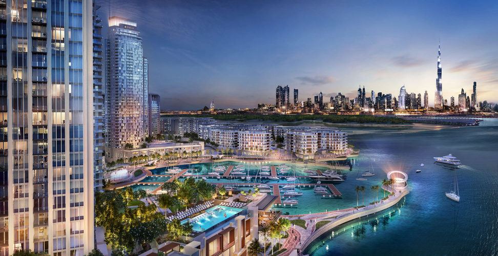 Emaar waterfront promenade render at dusk