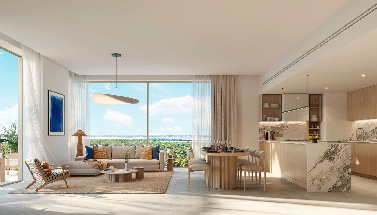Residence living and dining room with island views
