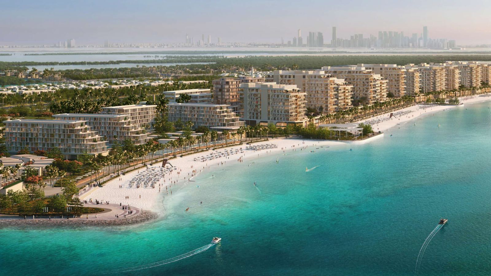Fahid Island aerial — beachfront residences and mangrove channel, Abu Dhabi