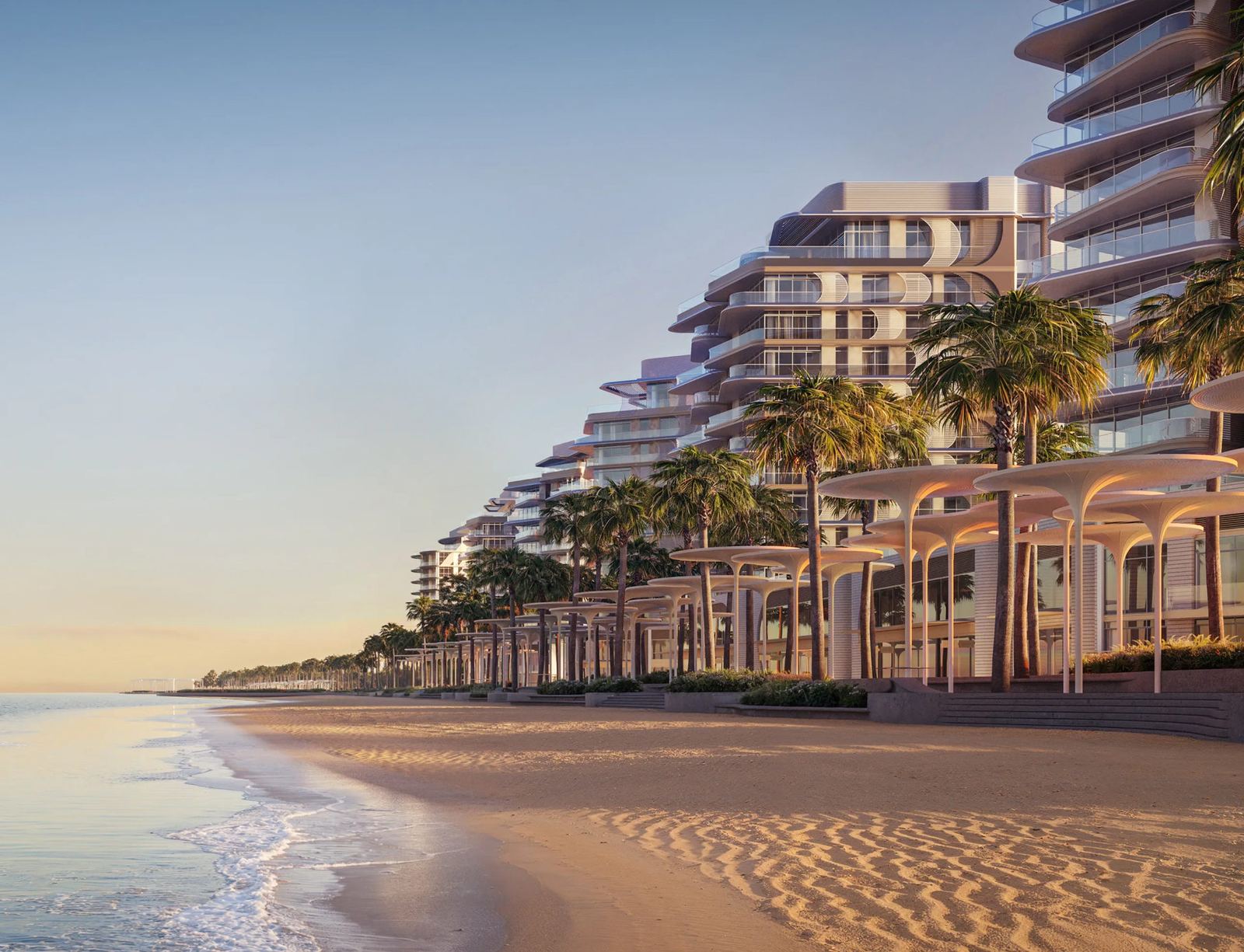 Fahid Beach Residences — shoreline facade at dusk, Fahid Island