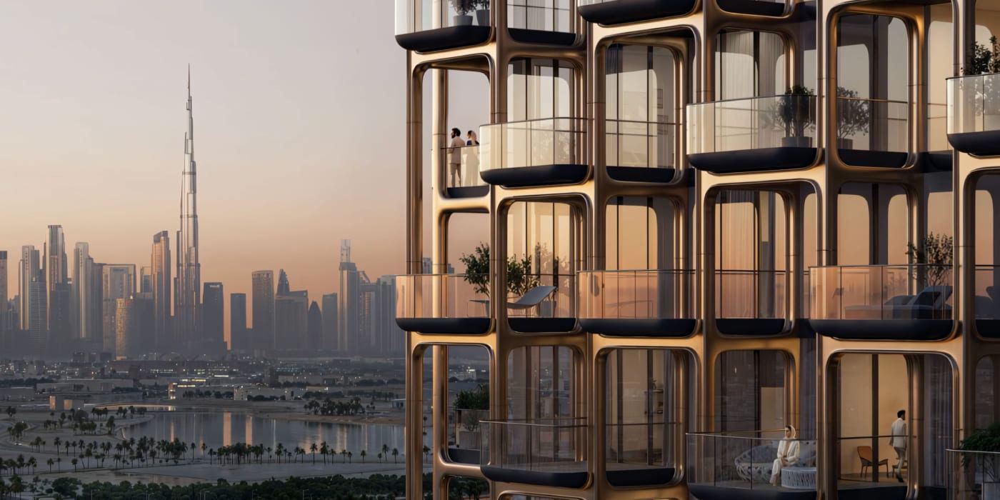 Balcony facade at dusk with Dubai skyline beyond