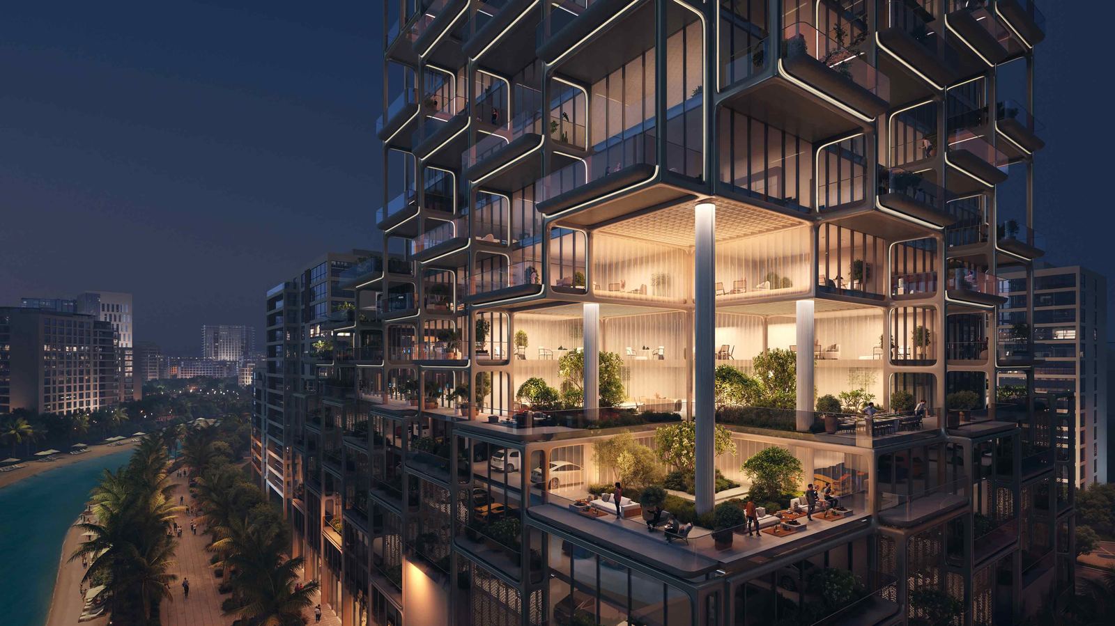 Illuminated podium terraces at night