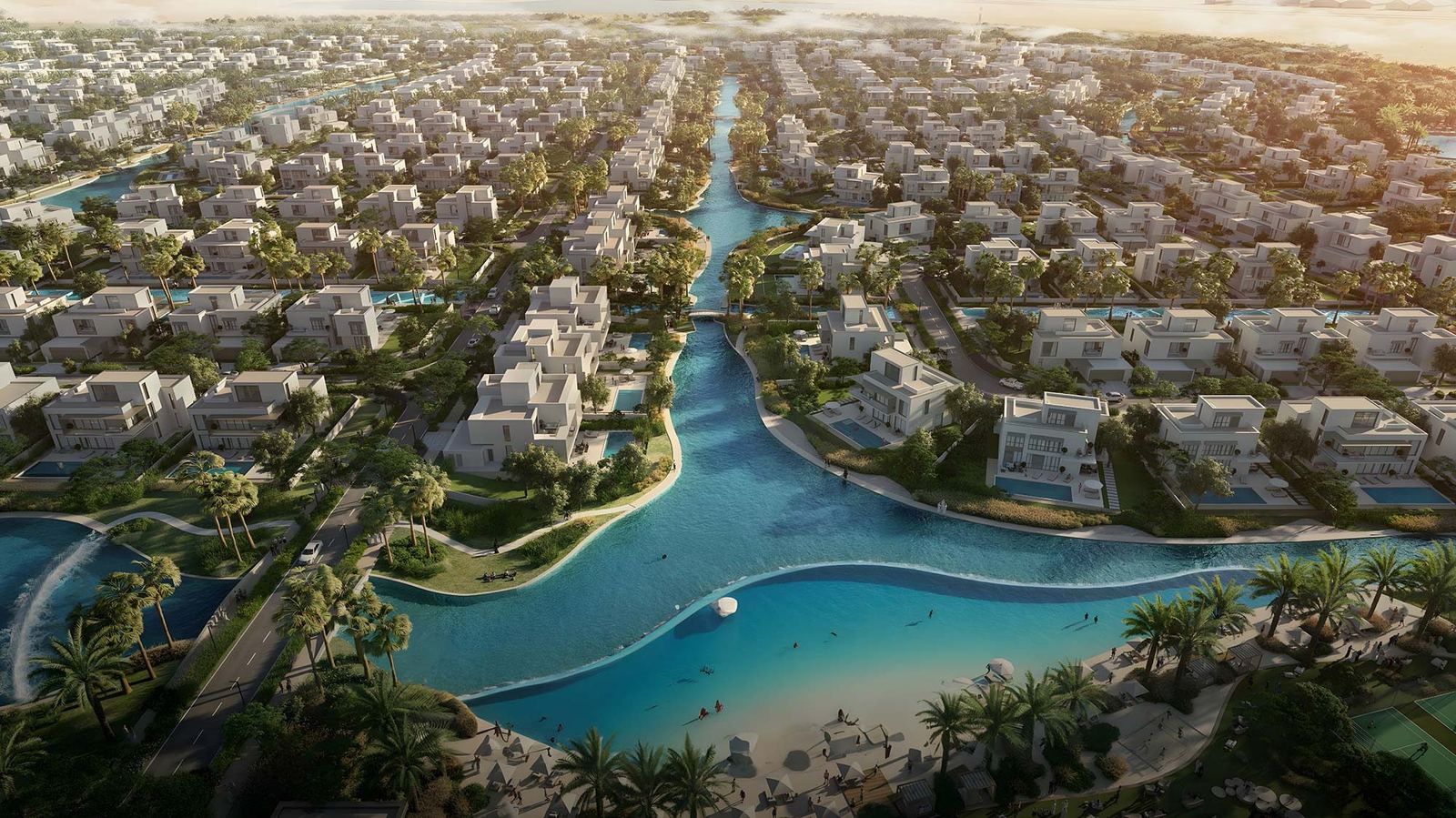 Aerial view of The Oasis lagoons and mansions