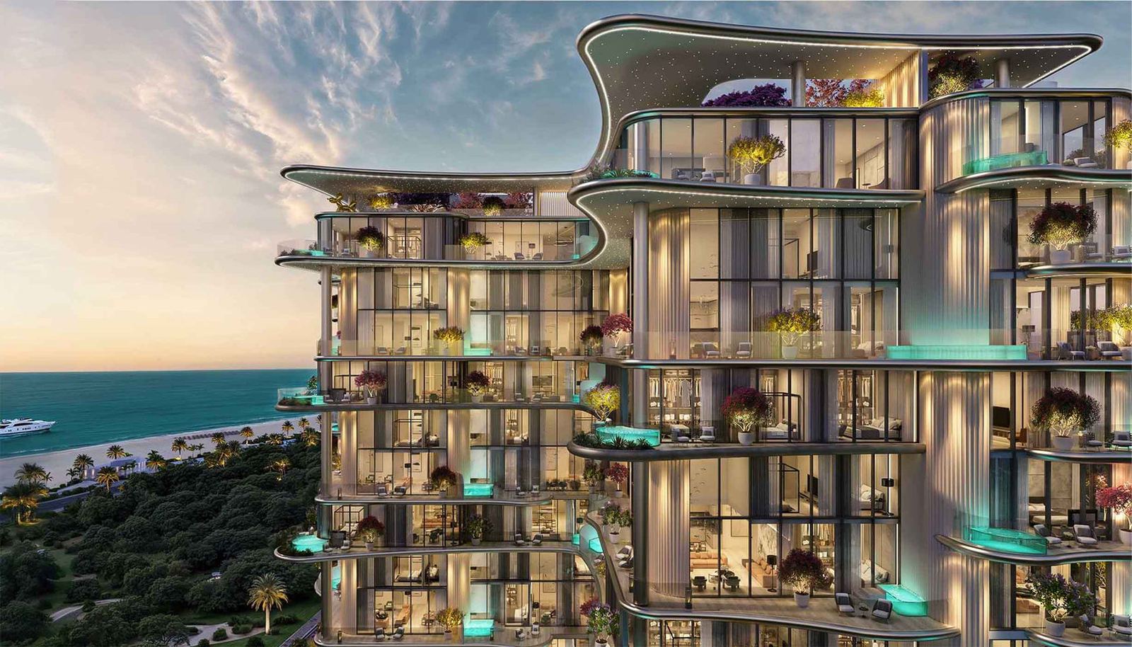 Sculpted facade with plunge pools on the balconies