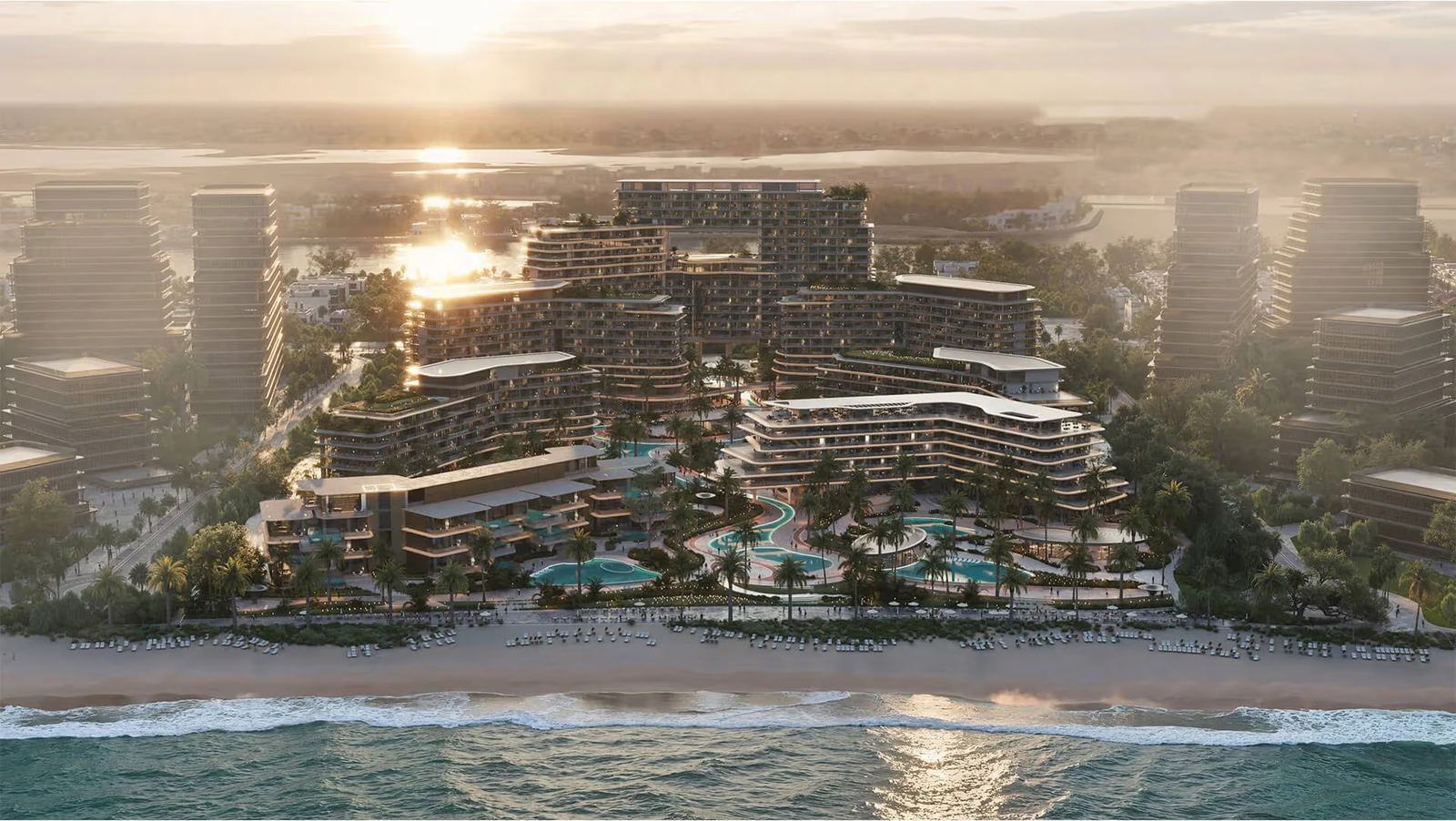 The Meriva Collection by Ellington — aerial view of the seafront enclave at sunset, Dubai Islands