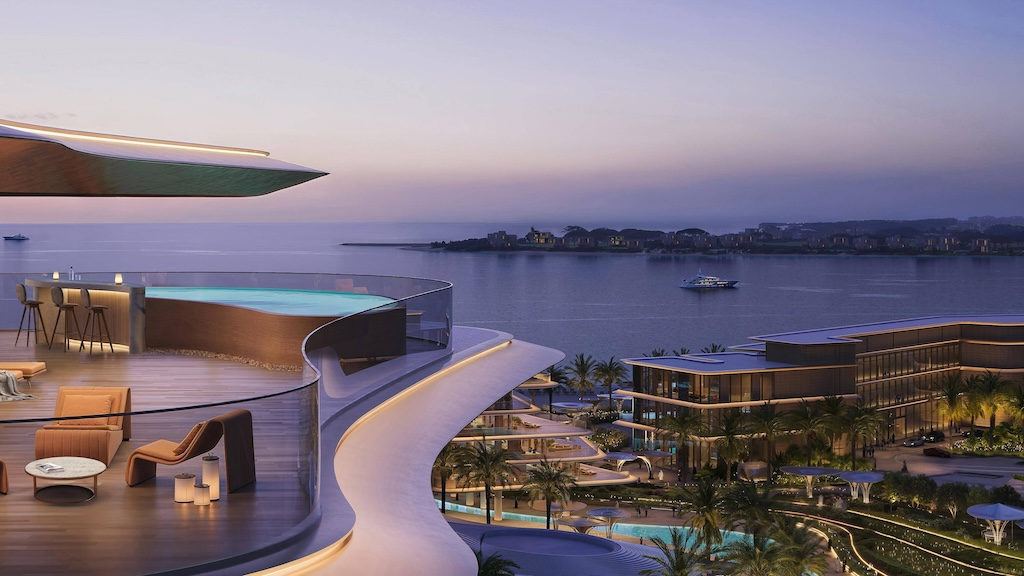 Signature penthouse terrace with private pool at dusk
