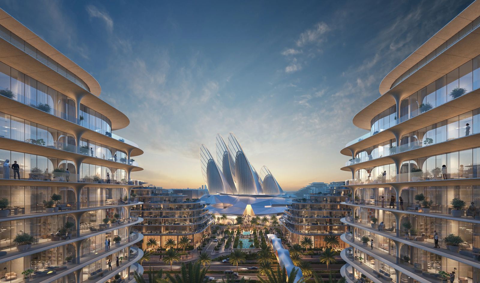 Residences framing Zayed National Museum at dusk