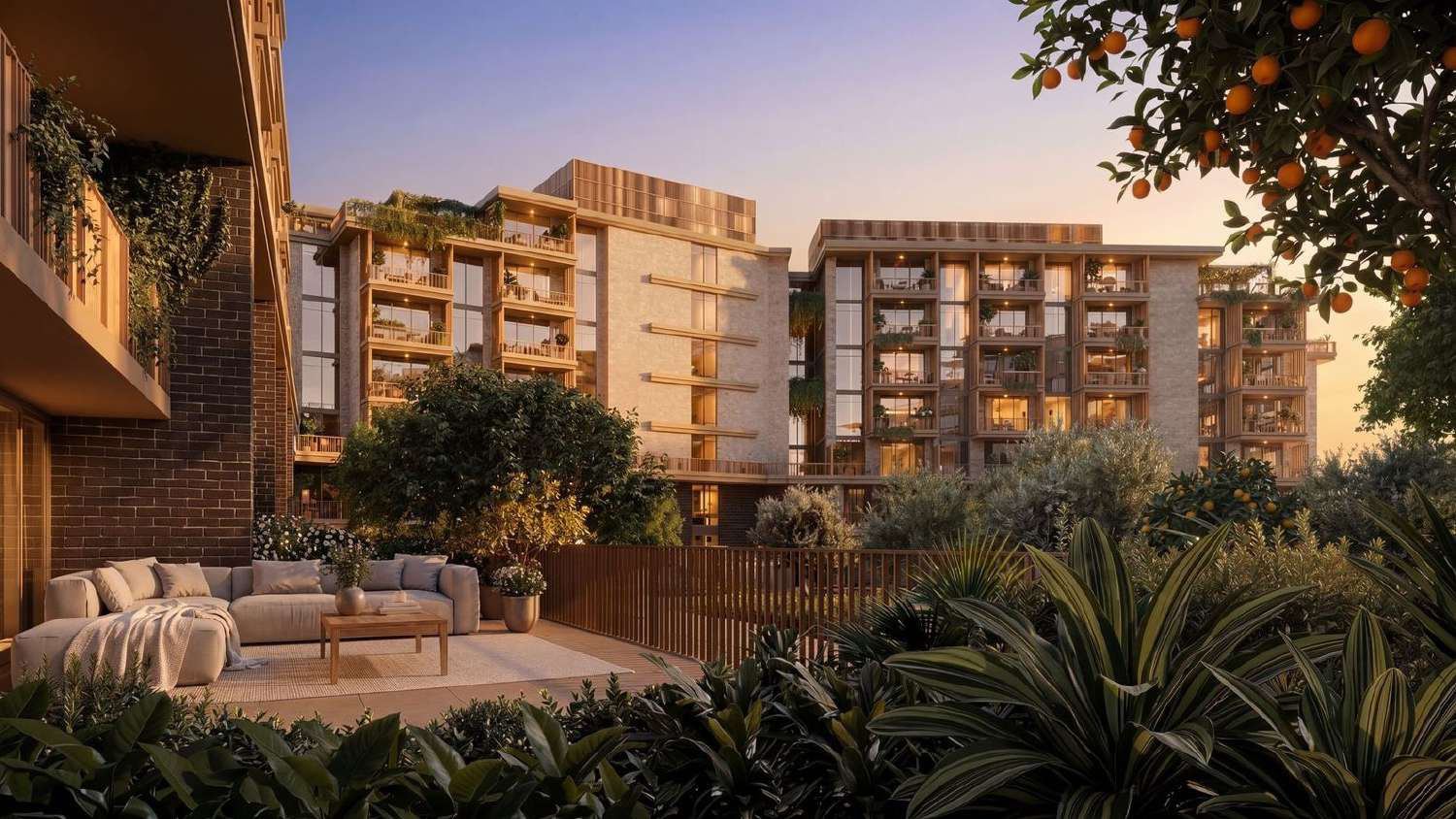 Arancia at The Yards — low-rise courtyard buildings at dusk