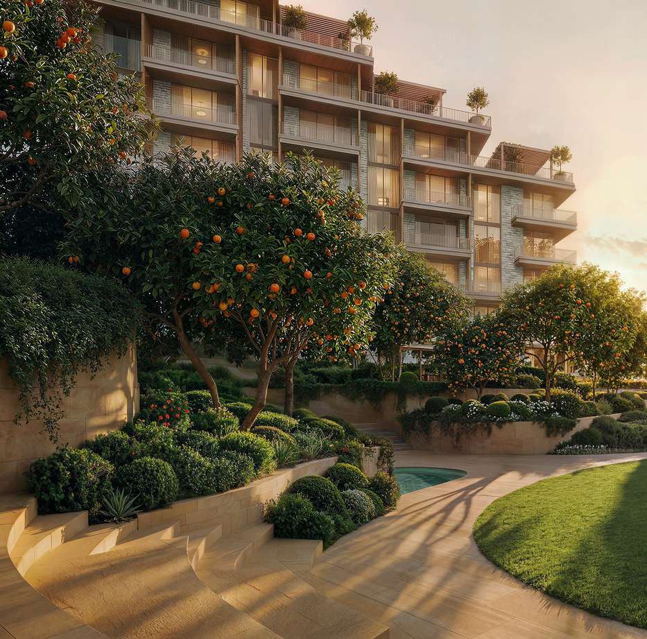 Terraced gardens with citrus trees below the residences